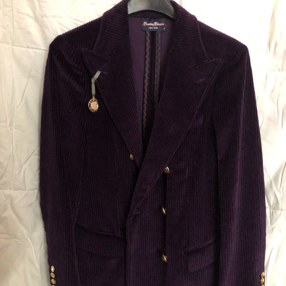 Double-breasted purple corduroy blazer